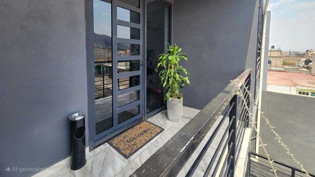 Un bâtiment moderne à la façade sombre, doté d’une grande porte vitrée, d’une plante en pot et d’une rambarde métallique.