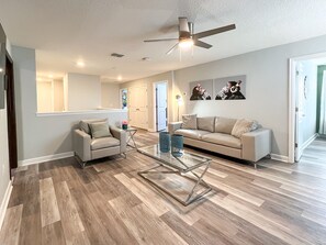 Smart TV, fireplace, video games, table football