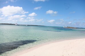 On the beach, sun-loungers, beach towels