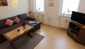 A living room with a brown sofa, a wooden coffee table, a TV stand, and a window with a seagull outside.