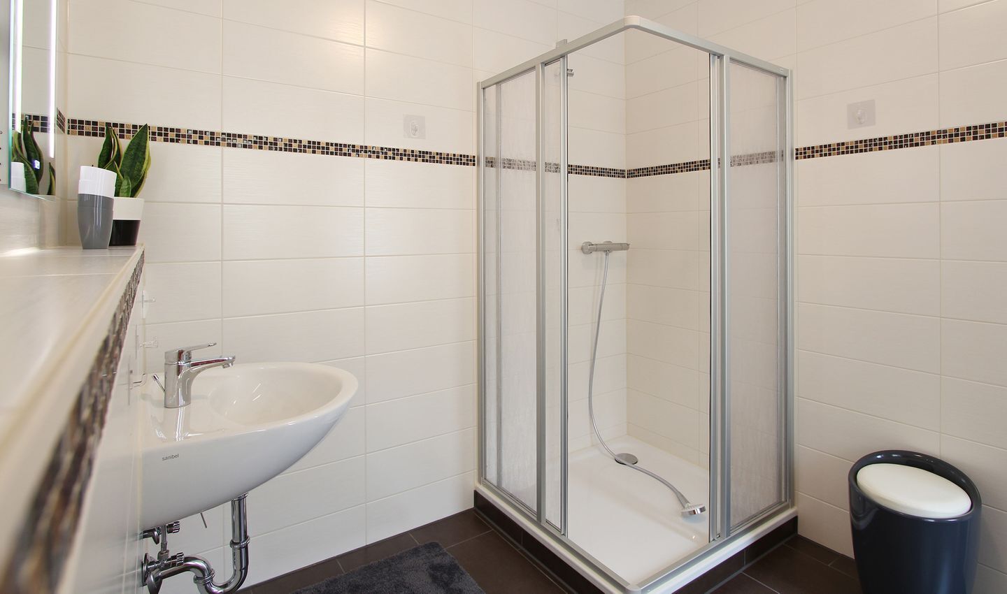 A modern bathroom with a glass-enclosed shower, a white sink, and a trash bin.