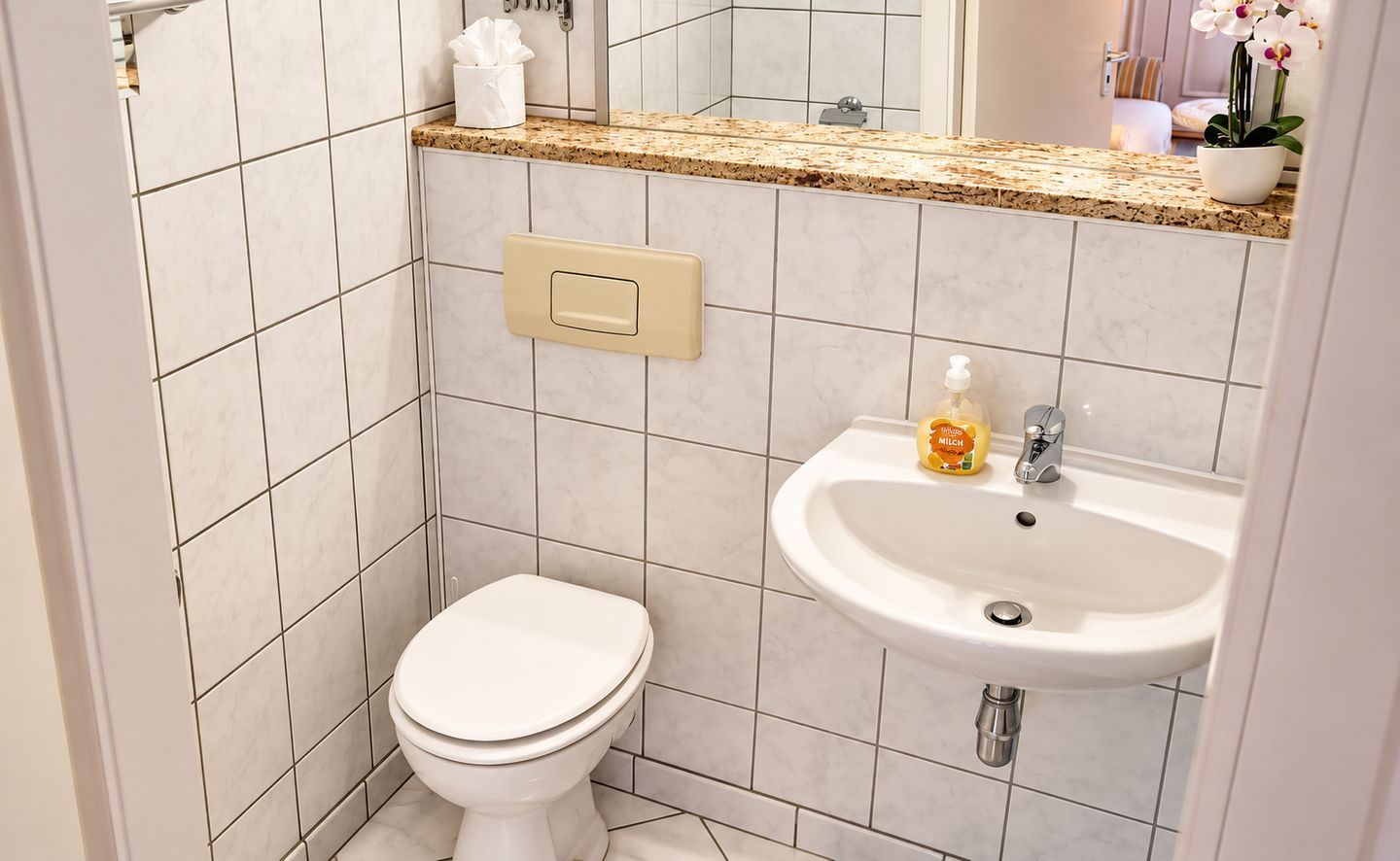 A bathroom with a toilet, a sink, a mirror, and a tissue holder.