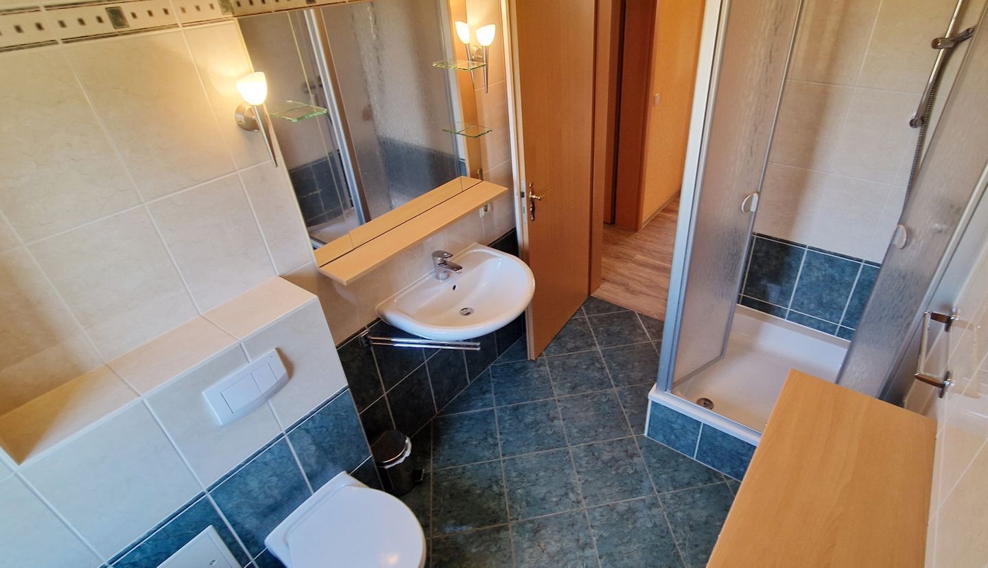 Ein Badezimmer mit Waschbecken, Toilette und Dusche.