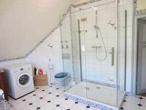 Shower, hair dryer, towels