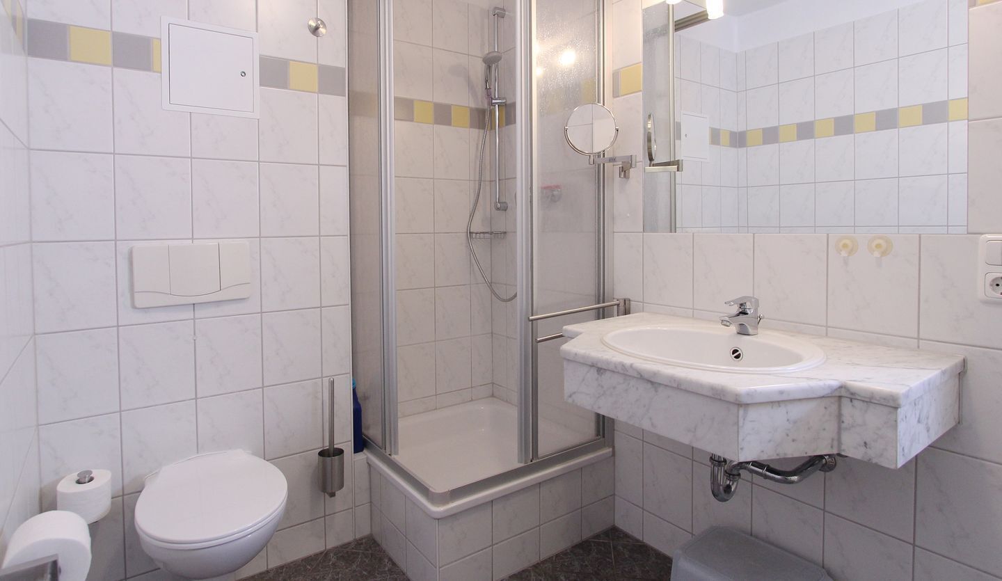 A bathroom with a toilet, a shower, and a sink.