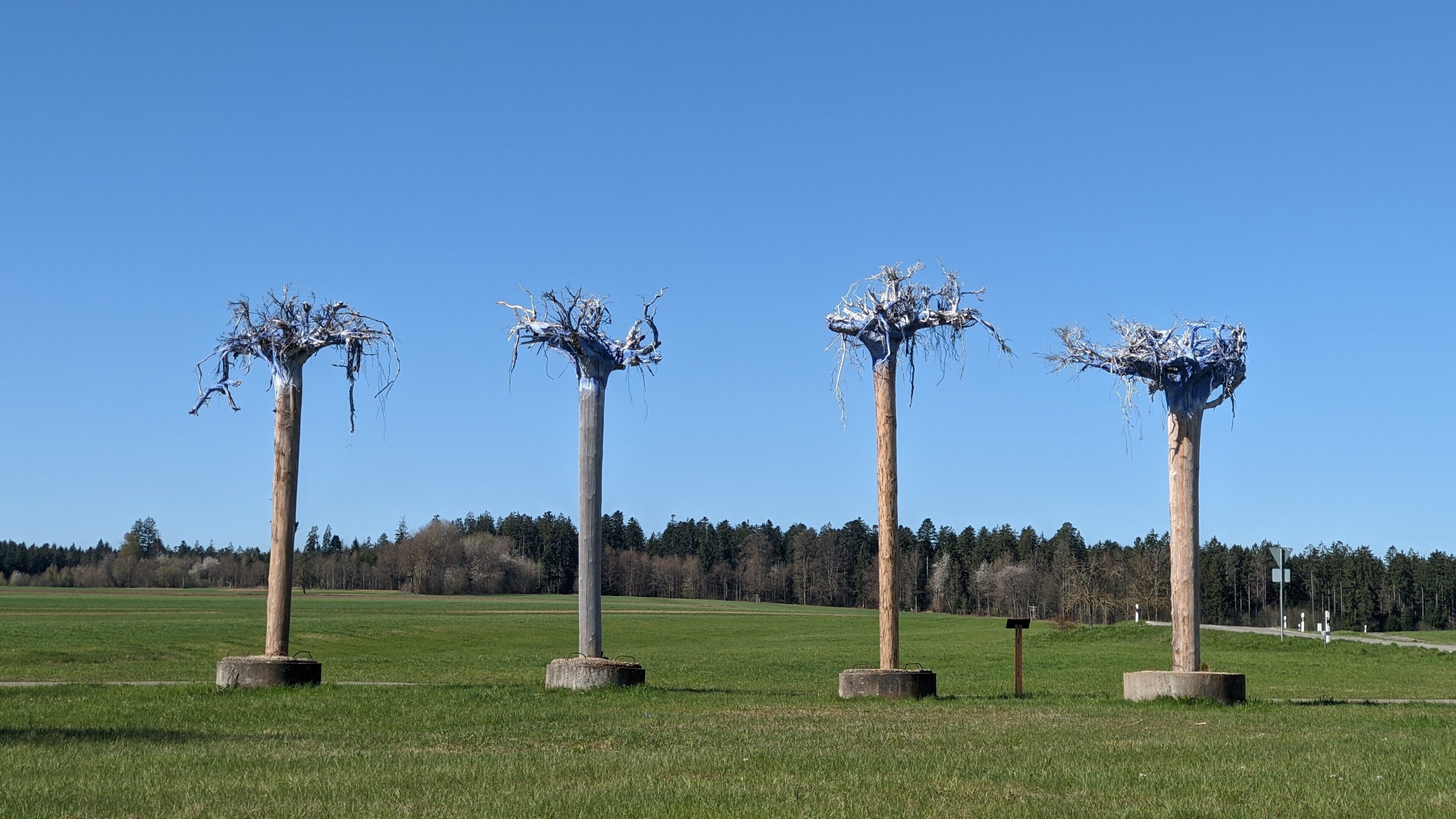 Four tall, slender sculptures with intricate branches and leaves, set in a grassy field with a clear blue sky and a forest in the background.