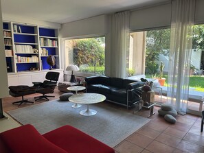 TV, fireplace, books, computer monitors