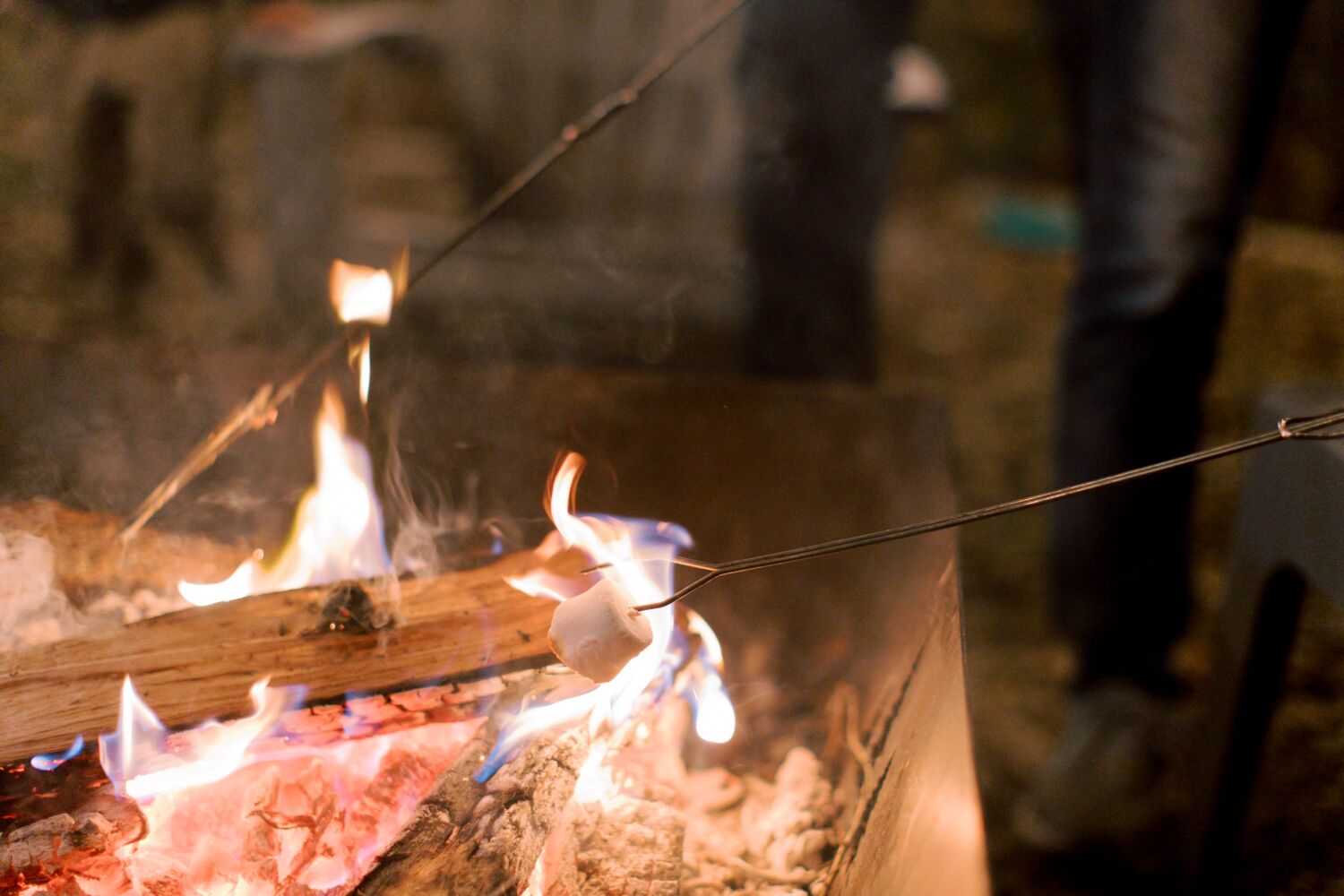 Un feu de camp autour duquel on fait griller des guimauves.