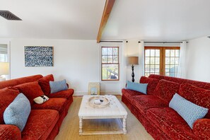 TV, fireplace, books