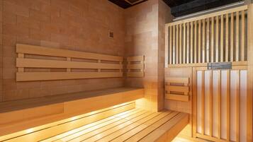 A sauna room with wooden benches and a tiled floor.