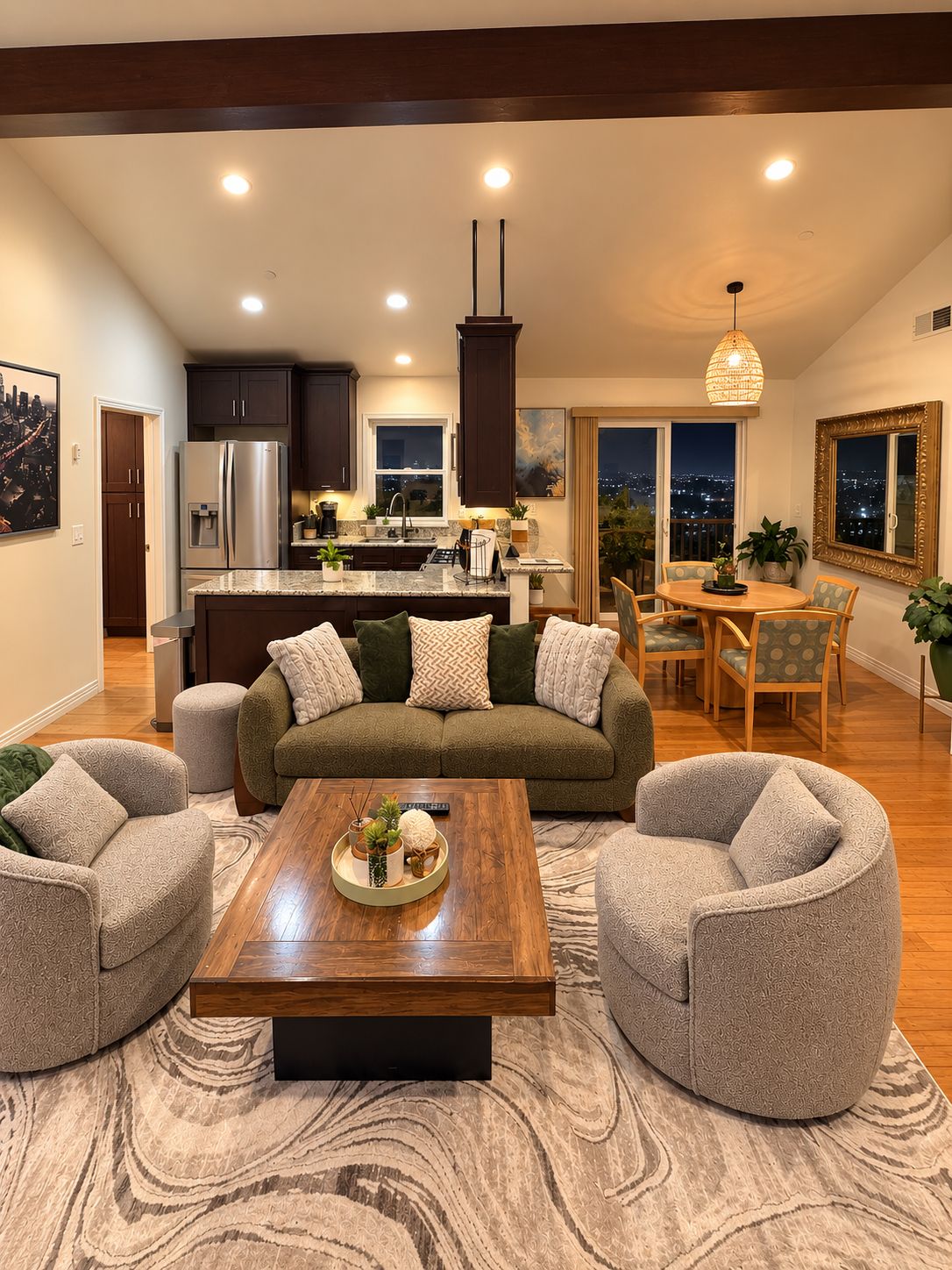 A modern living room with a sofa, armchairs, a coffee table, and a dining area with a table and chairs.