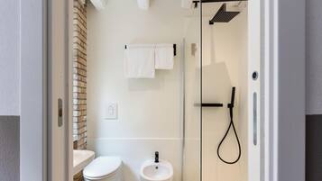 Douche, sĂšche-cheveux, bidet, serviettes fournies