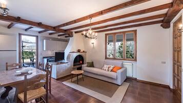 Una televisión, una chimenea