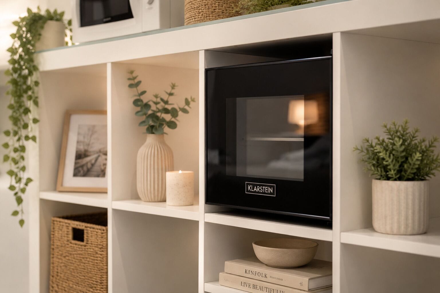Uma sala de estar moderna com uma TV de tela plana em uma prateleira branca, adornada com objetos decorativos como um vaso, uma vela e livros.