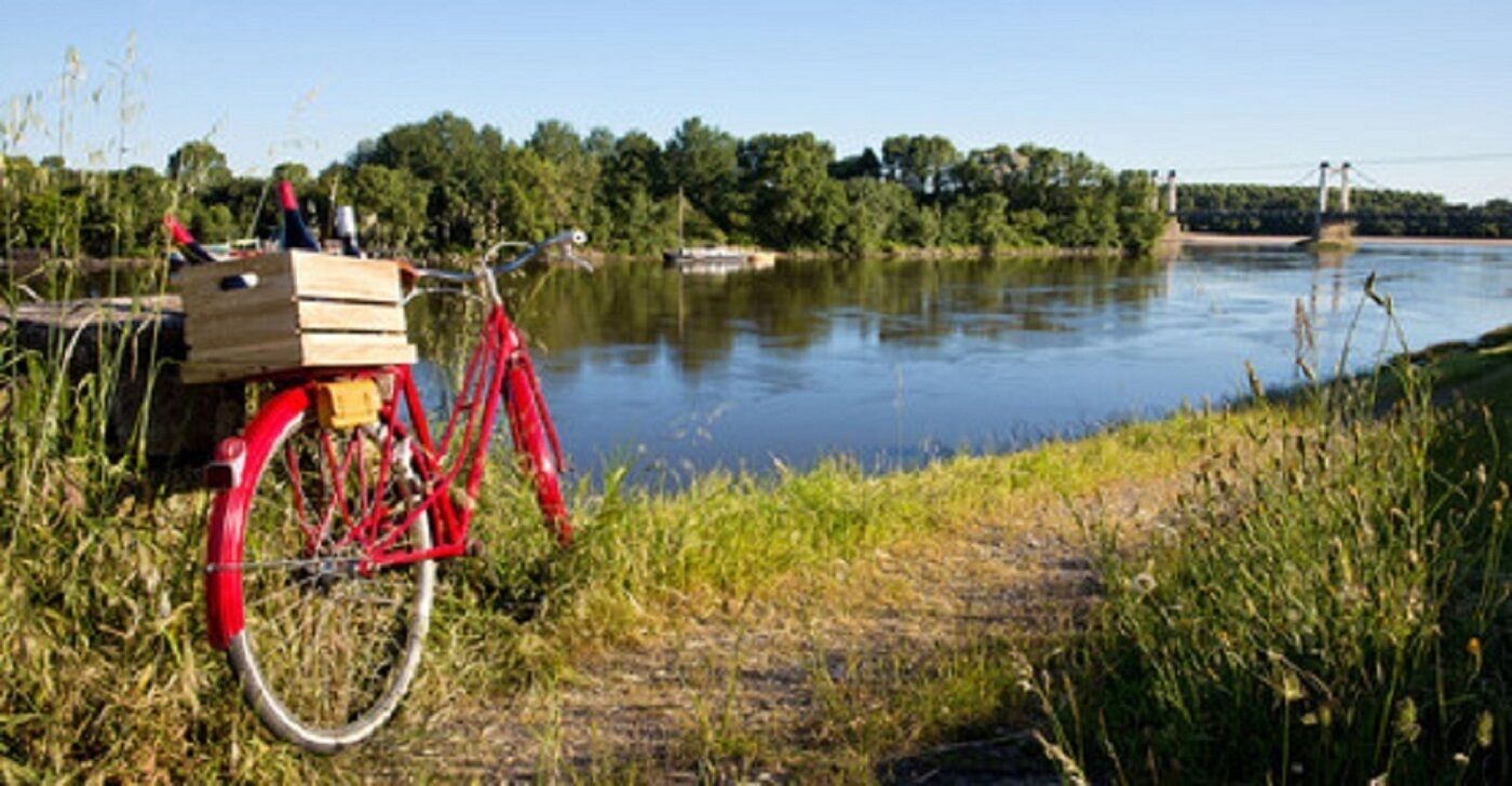 A red bicycle with a wooden box attached to the back, parked by a calm river with greenery and a bridge in the background.