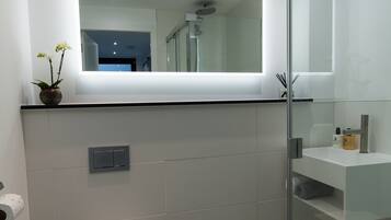 Shower, hair dryer, towels, soap