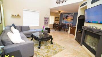 Flat-screen TV, fireplace