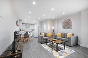 Classic Apartment, 2 Bedrooms | Living area | 43-inch Smart TV with digital channels, TV, Netflix - Crown Place 2 & 3 Bedroom Luxury Apts (Shepperton)
