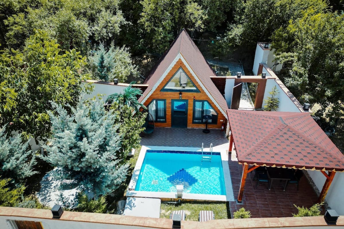 A house with a swimming pool, surrounded by trees.