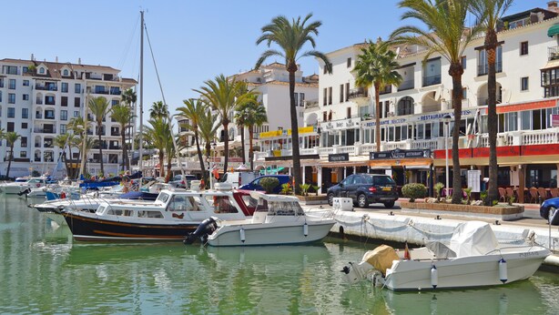 Un puerto deportivo con barcos amarrados, palmeras y edificios con tiendas y restaurantes.