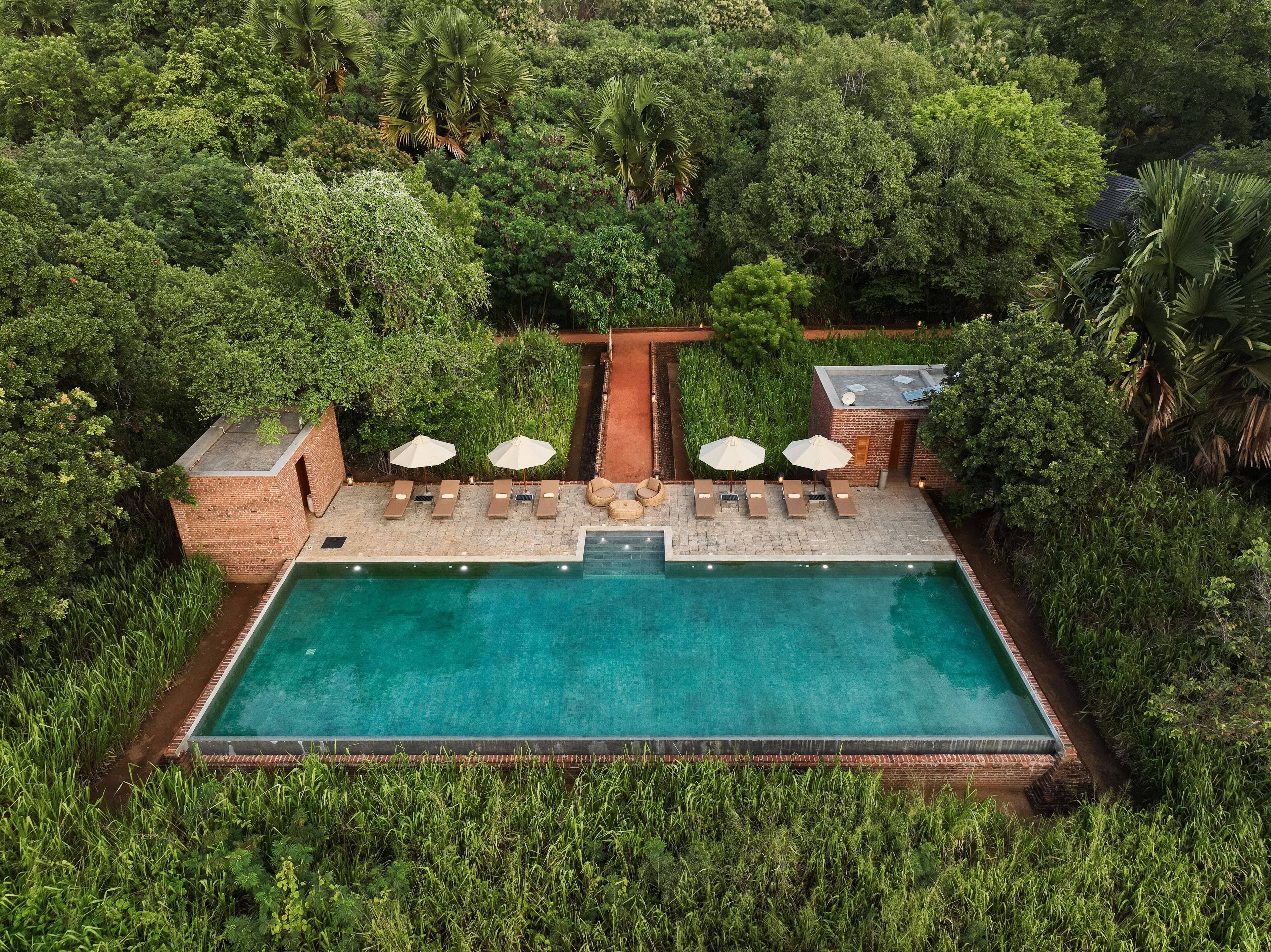 An aerial view of a rectangular swimming pool surrounded by lush greenery, with lounge chairs and umbrellas along the poolside.