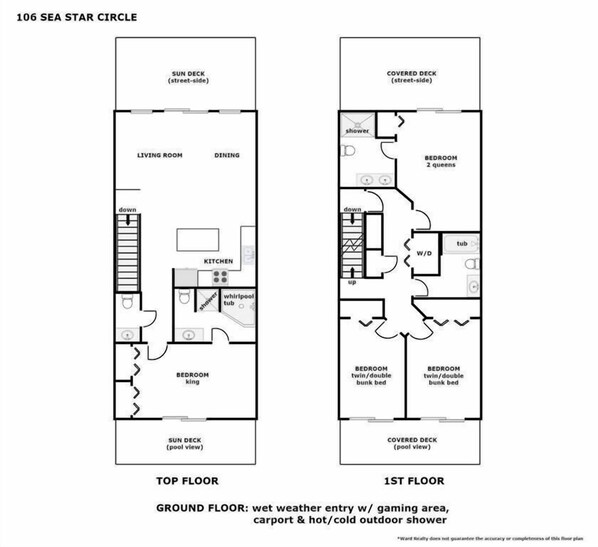 A floor plan of a 106 Sea Star Circle apartment, including top and first floors with amenities like a sun deck, covered deck, kitchen, and multiple bedrooms. - Sea-Esta!  4BR Townhome with Community Pool & easy beach access! (Surf City)