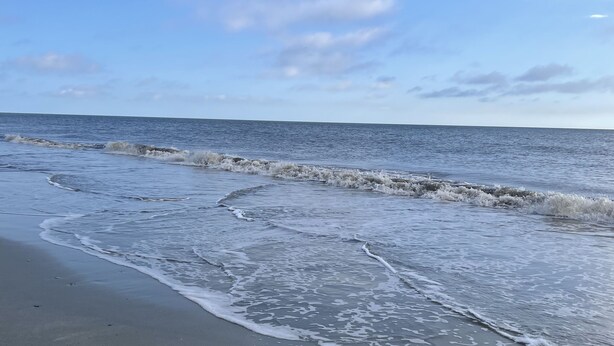 A beach with waves gently lapping onto the shore under a clear sky.