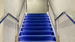 Un conjunto de escaleras azules con alfombra y barandillas de vidrio, que conducen a una plataforma con un muro de mármol blanco y un letrero con el número "110-138".