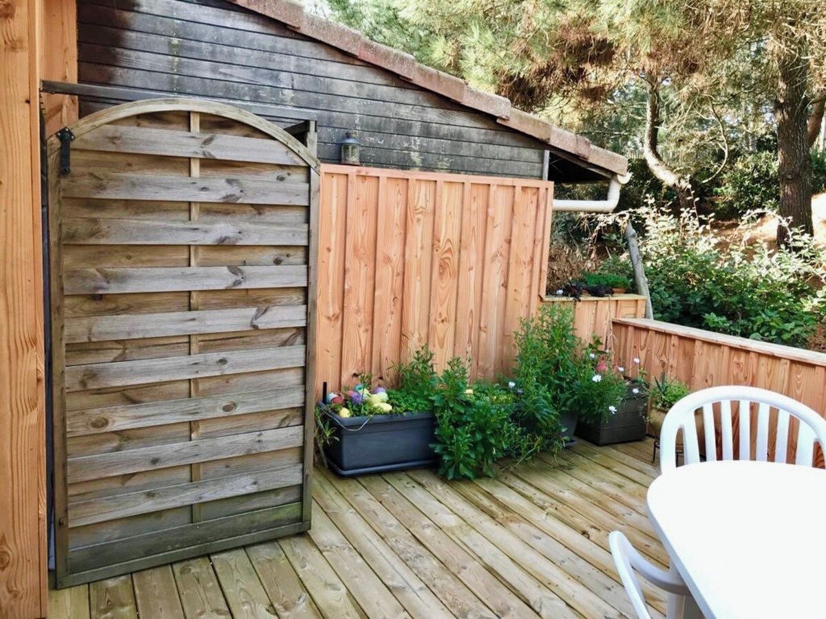 A wooden deck with a table and chairs, a wooden fence, and potted plants.