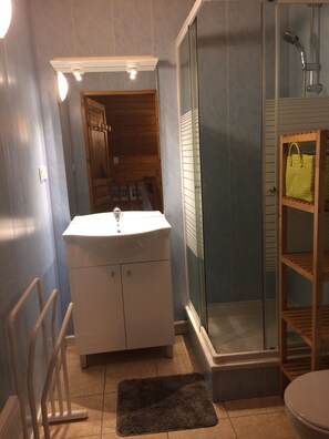 Shower, hair dryer, toilet paper