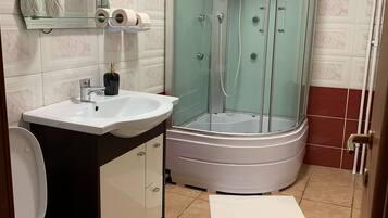 Combined shower/tub, hair dryer, towels, soap