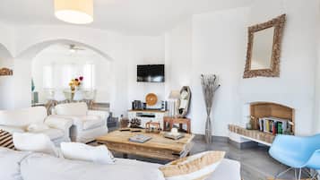 LCD TV, fireplace, DVD player