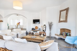 LCD TV, fireplace, DVD player