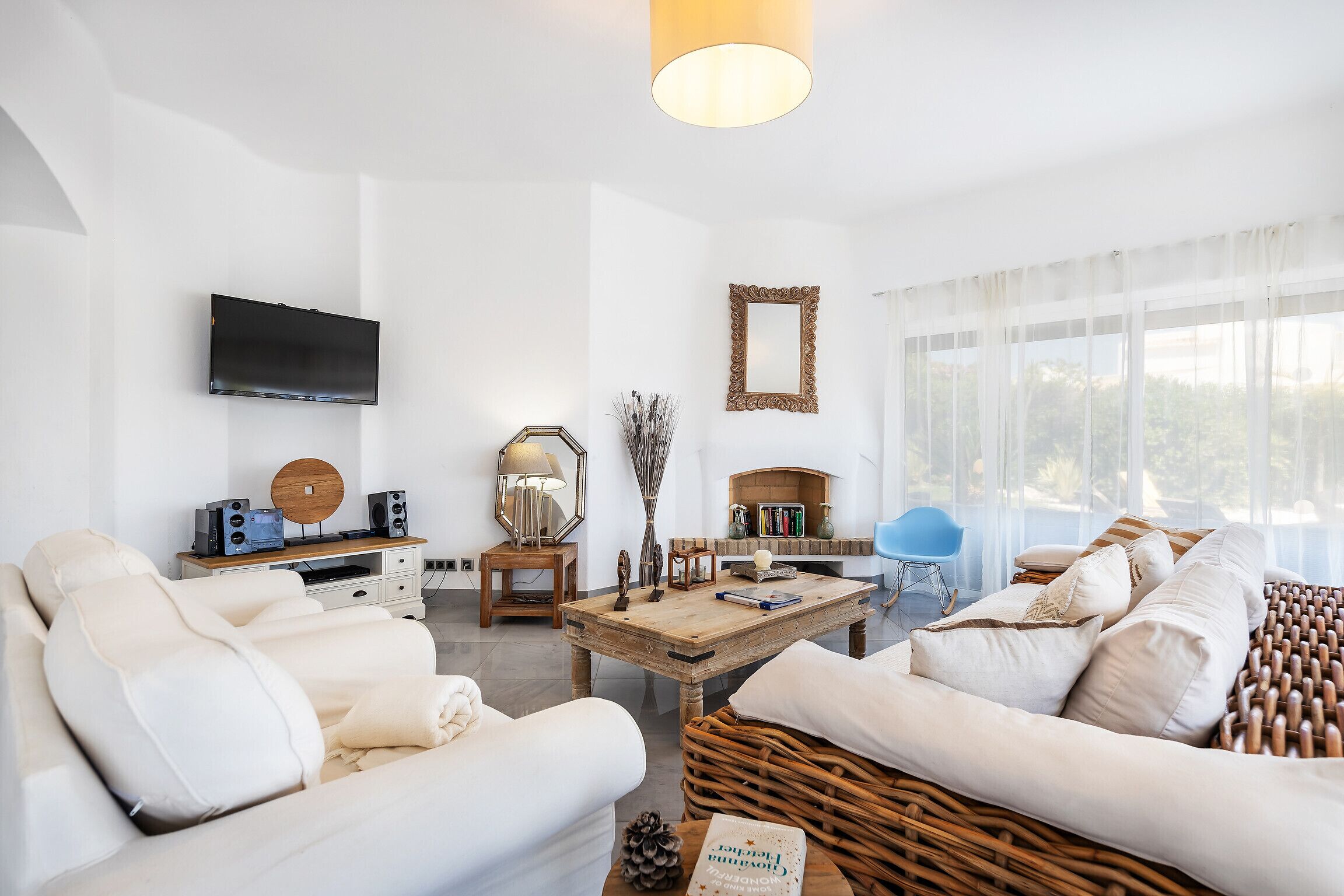 LCD TV, fireplace, DVD player