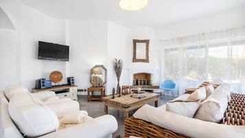 LCD TV, fireplace, DVD player