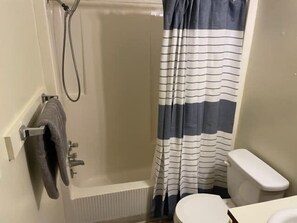 Une salle de bain avec une douche, des toilettes et un porte-serviettes.
