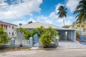 A residential house with a blue gate, a paved driveway, and a palm tree in the background.