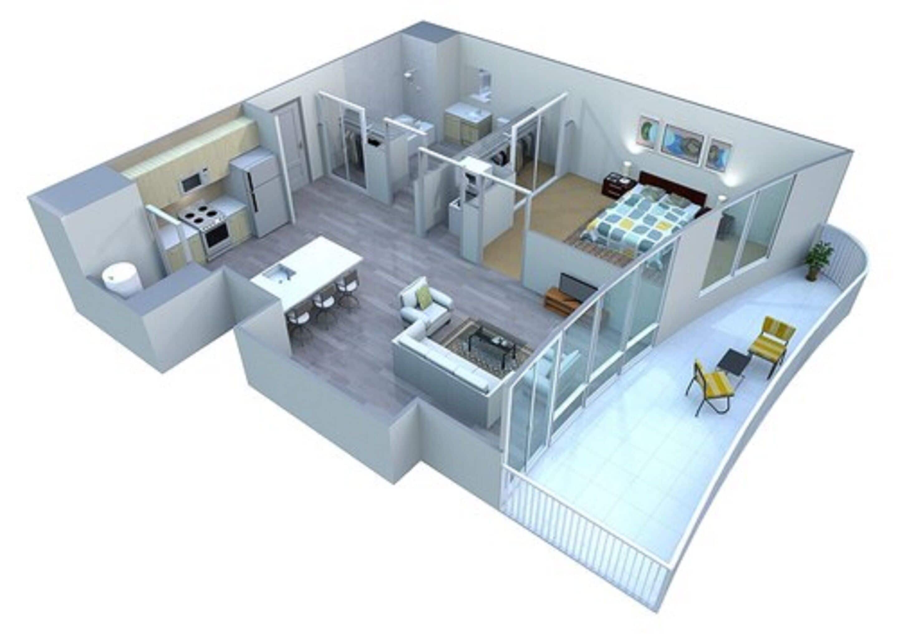 A modern apartment layout with a kitchen, dining area, living room, and balcony.