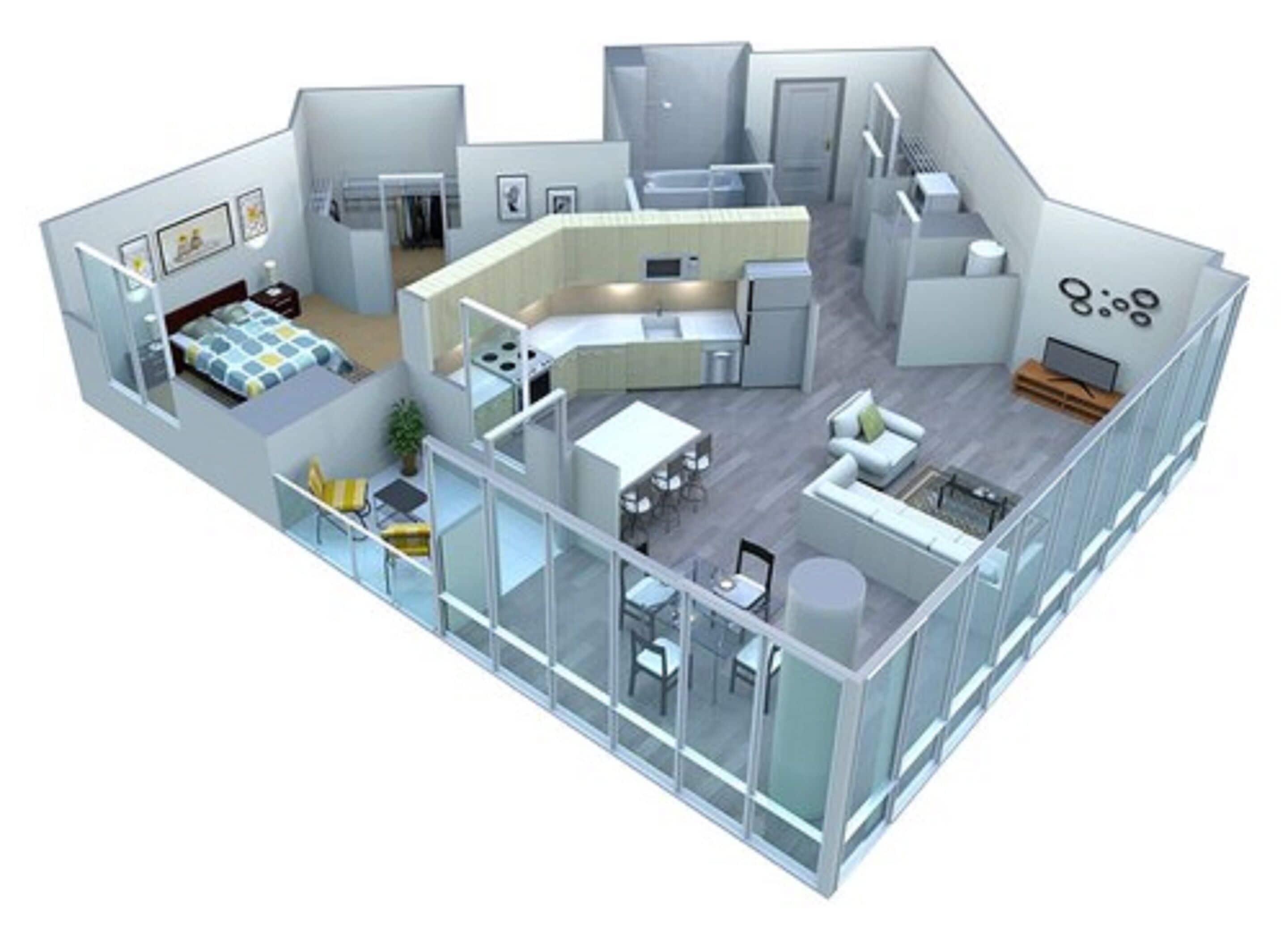 Un appartement moderne comprenant une cuisine, un coin repas, un salon et un balcon.