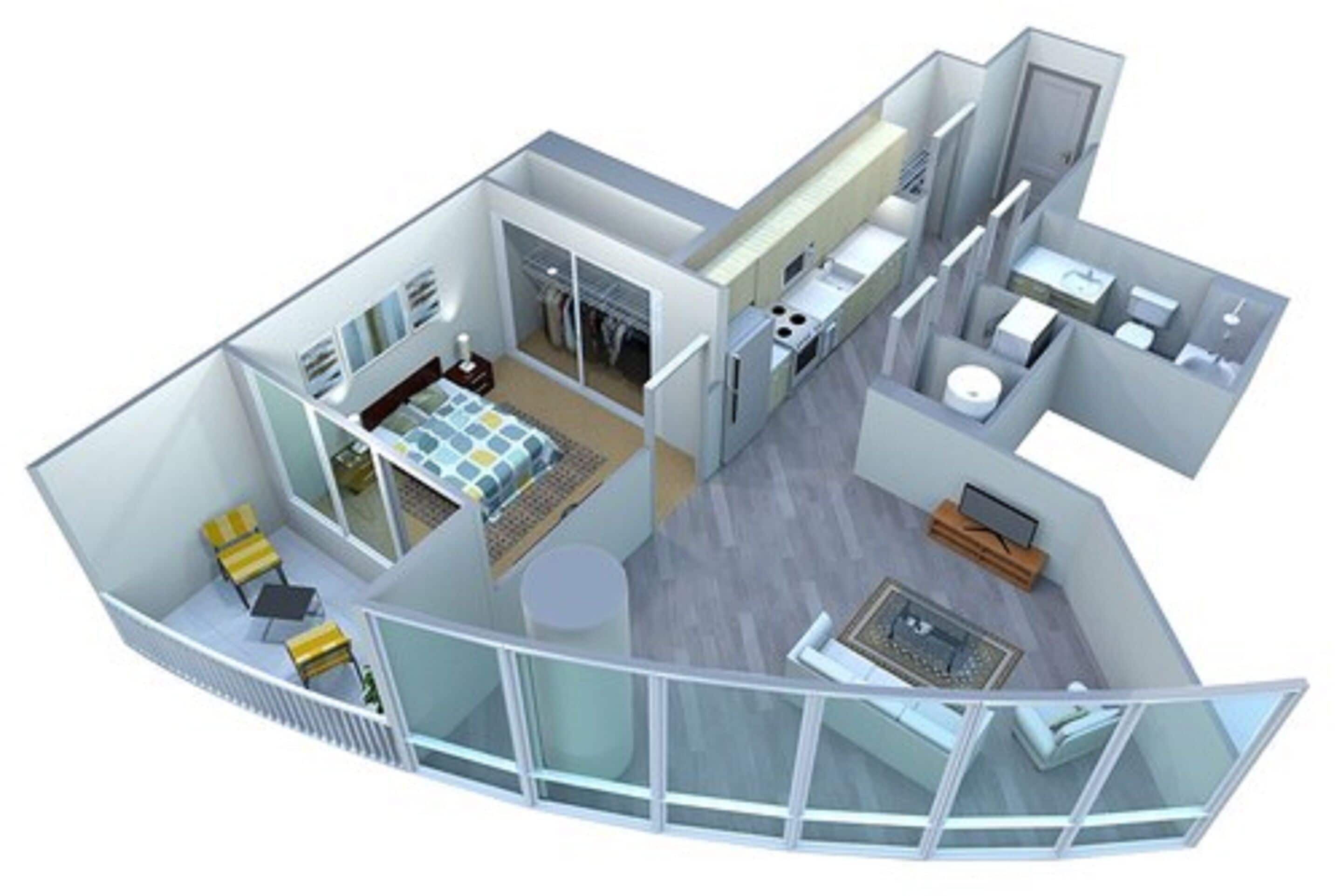 Un appartement moderne avec un espace de vie, une cuisine, un coin repas et un balcon.
