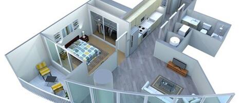 A modern apartment layout with a living area, kitchen, dining space, and a balcony.