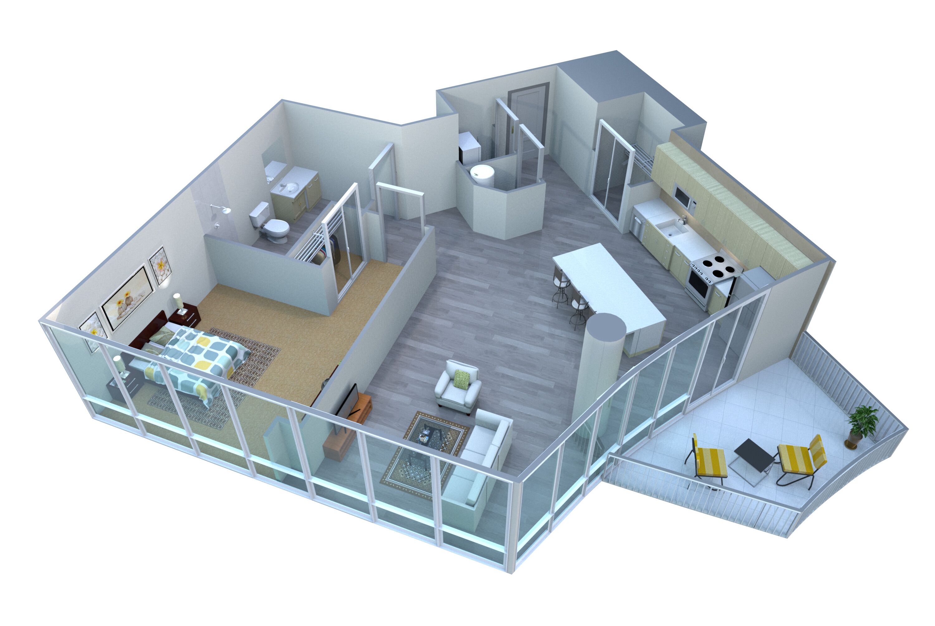 A 3D floor plan of a modern apartment with a living room, kitchen, dining area, and balcony.