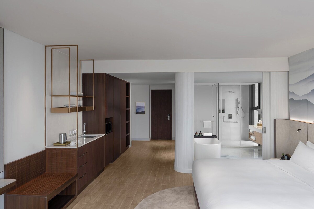 A modern hotel room with a large bed, a separate bathroom, a walk-in closet, and a view of the mountains.