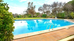 Une piscine rectangulaire, bordée d’une terrasse carrelée et entourée de verdure et d’arbres.