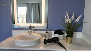 A bathroom with a sink, a mirror, a hairdryer, and a potted plant.
