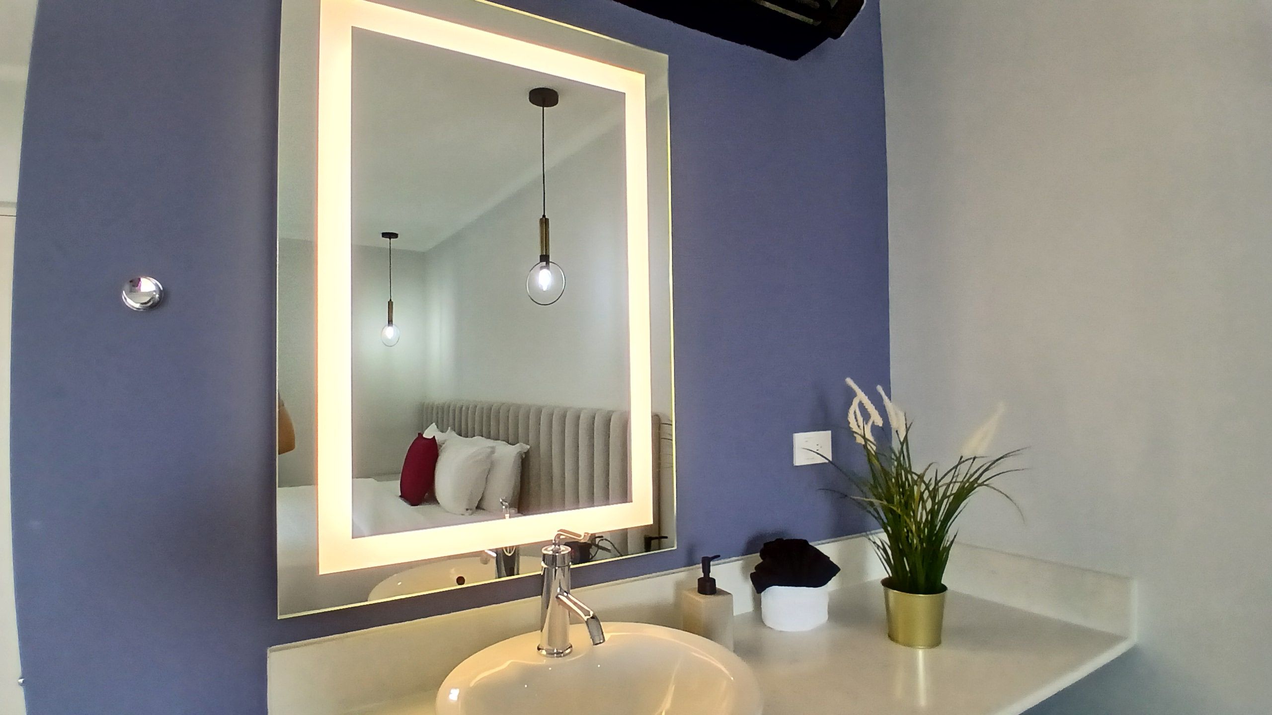 Une salle de bain avec un grand miroir, un lavabo, un distributeur de serviettes et une plante en pot.