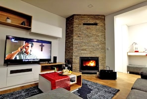 TV, fireplace