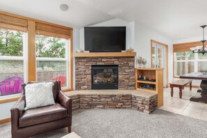TV, fireplace, books