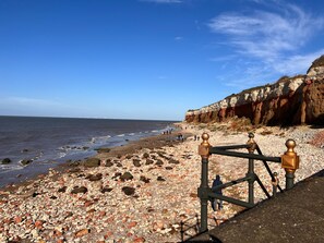A rocky beach with a metal railing and a cliff in the background.