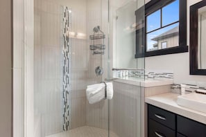 Combined shower/tub, hair dryer, shampoo
